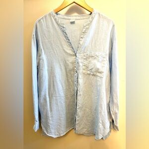 Lintico Women’s Large Linen Band Collar Button Down Long Sleeve Top